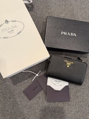 Prada Black Saffiano Zip Card Wallet with Gold Logo